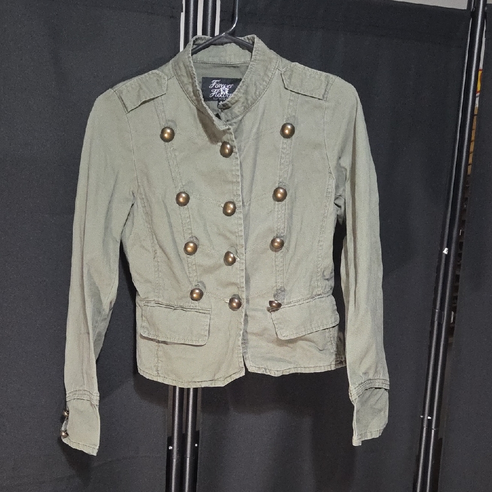 Forever Flower Olive Green Military-Style Double-Breasted Jacket